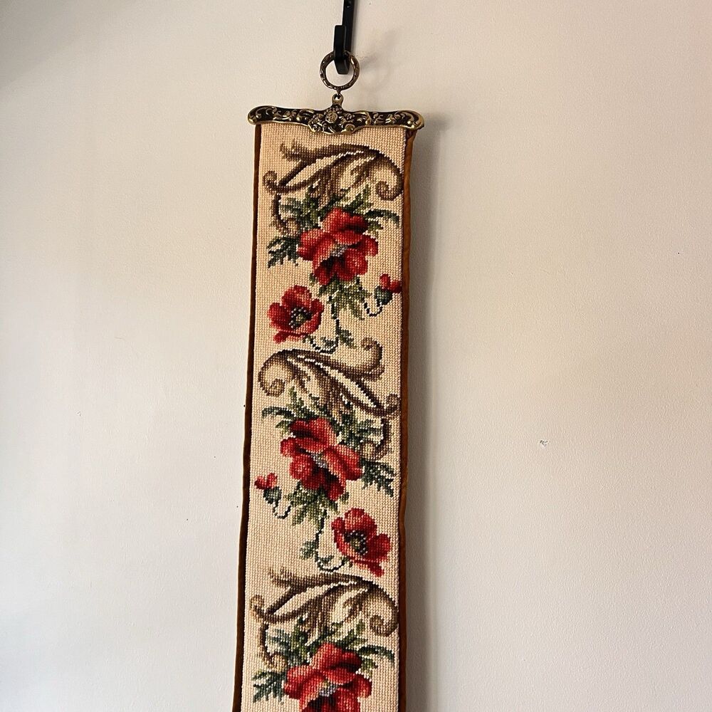 Vtg 7Os Poppies Needlepoint Bell Pull Wall Hanging Tapestry Brass Hardware - Picture 2 of 16